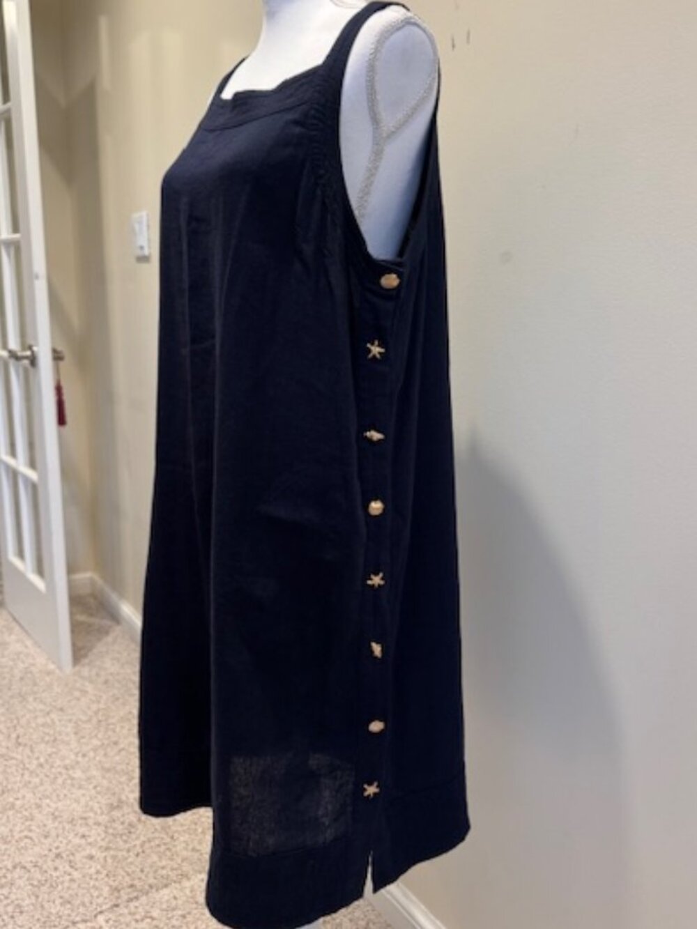 Cynthia Rowley Navy Linen Sleeveless Dress with decorative Gold Shell Buttons